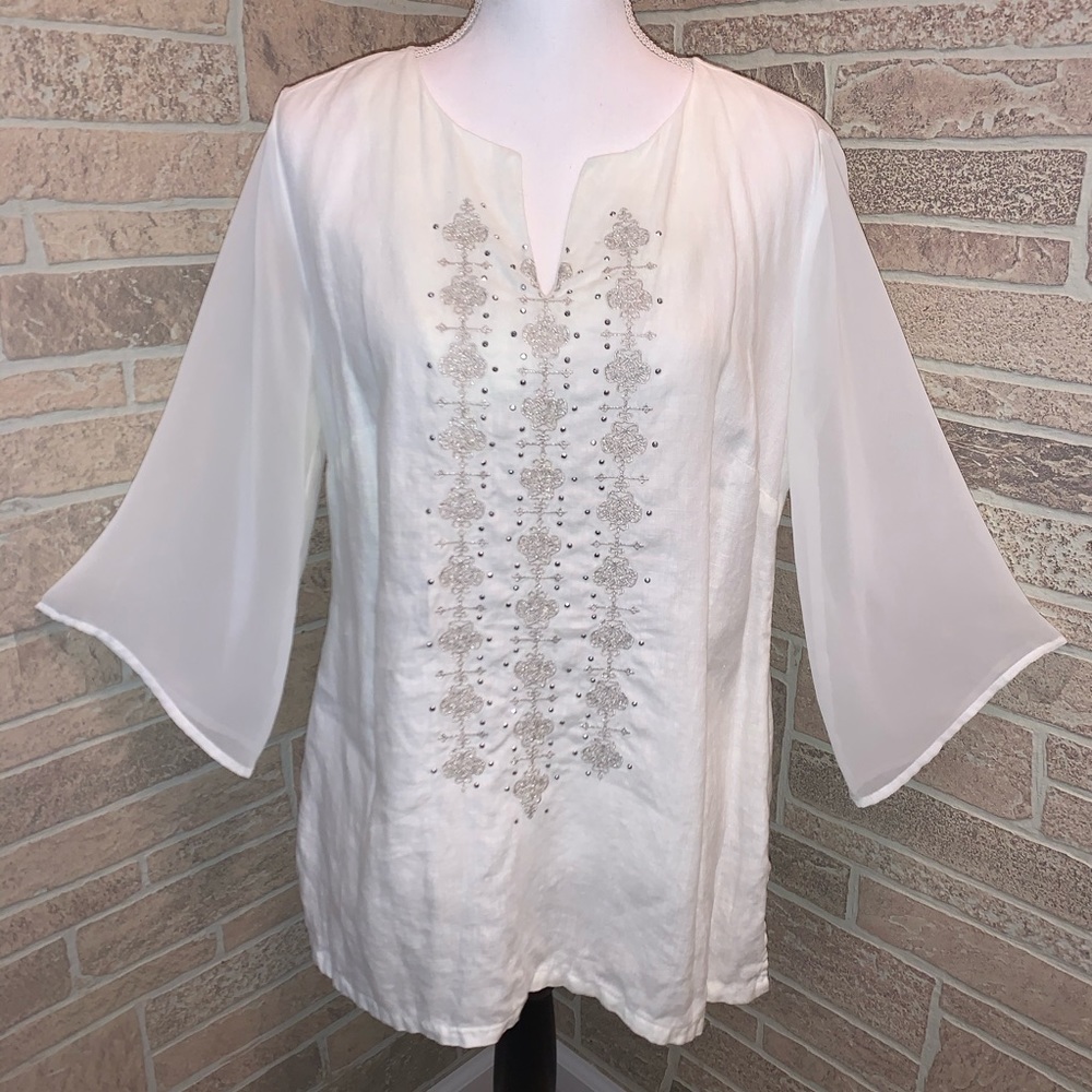 JM Collection Embroidered White 100% Linen Blouse